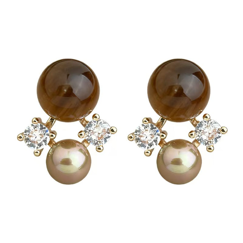 Light Luxury Smoky Quartz & Golden Pearl Cluster Stud Earrings -A03