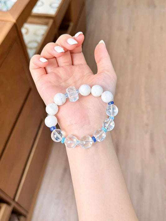 Natural Clear Quartz & White Jade Bracelet|天然白水晶白玉手串
