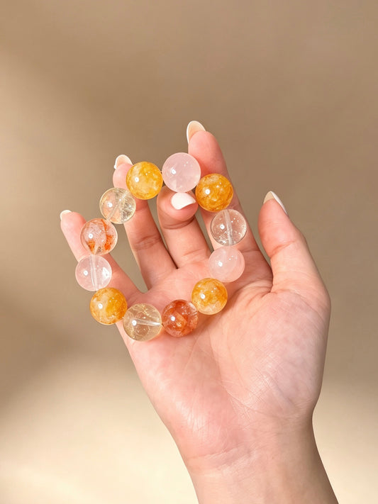 Natural Citrine, Rose Quartz & Red Hematoid Bracelet 天然黄水晶粉晶红胶花手串