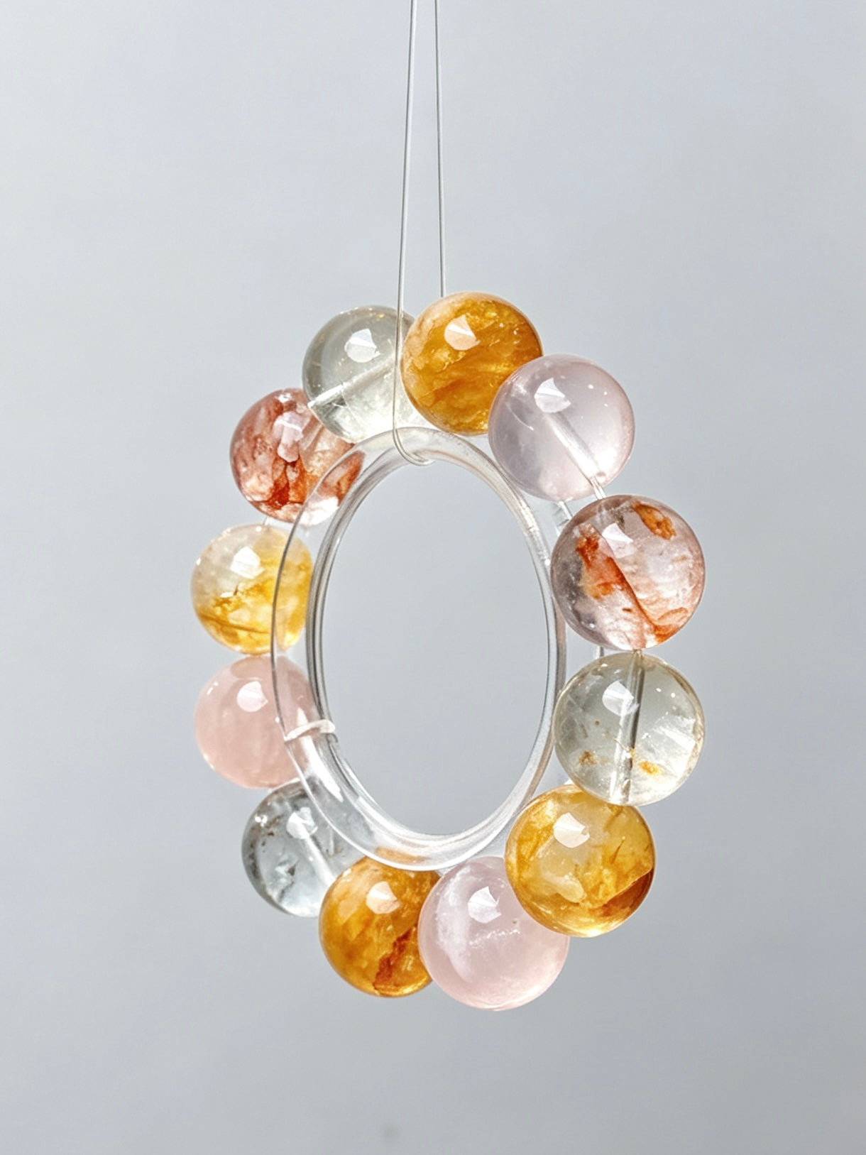 Natural Citrine, Rose Quartz & Red Hematoid Bracelet 天然黄水晶粉晶红胶花手串