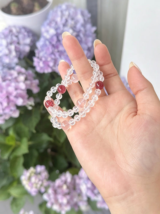 Natural Clear Quartz, Rose Quartz & Strawberry Quartz Loop Bracelet 天然白水晶粉水晶草莓晶手串