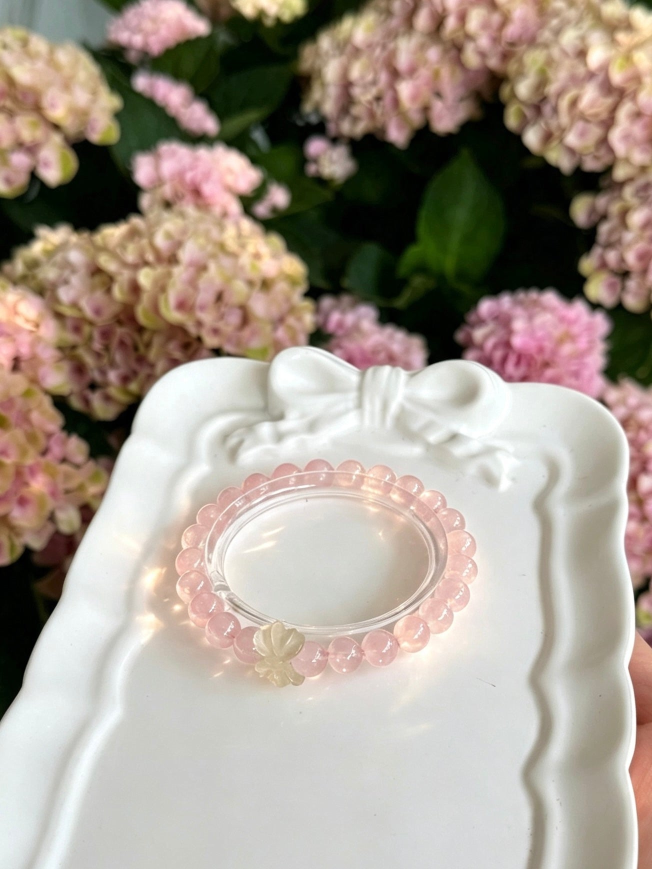 Natural Rose Quartz Bracelet With Lotus Pendant