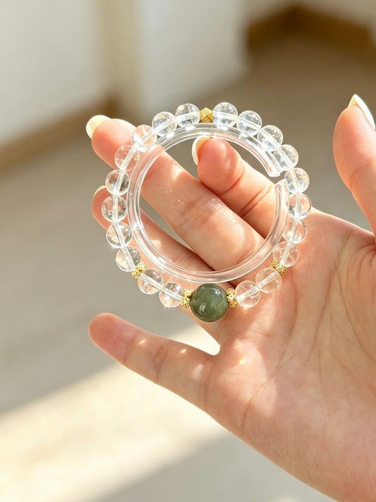Natural Clear Quartz Bracelet With Green Jade Accent | 天然白水晶和田碧玉点缀圆珠手链