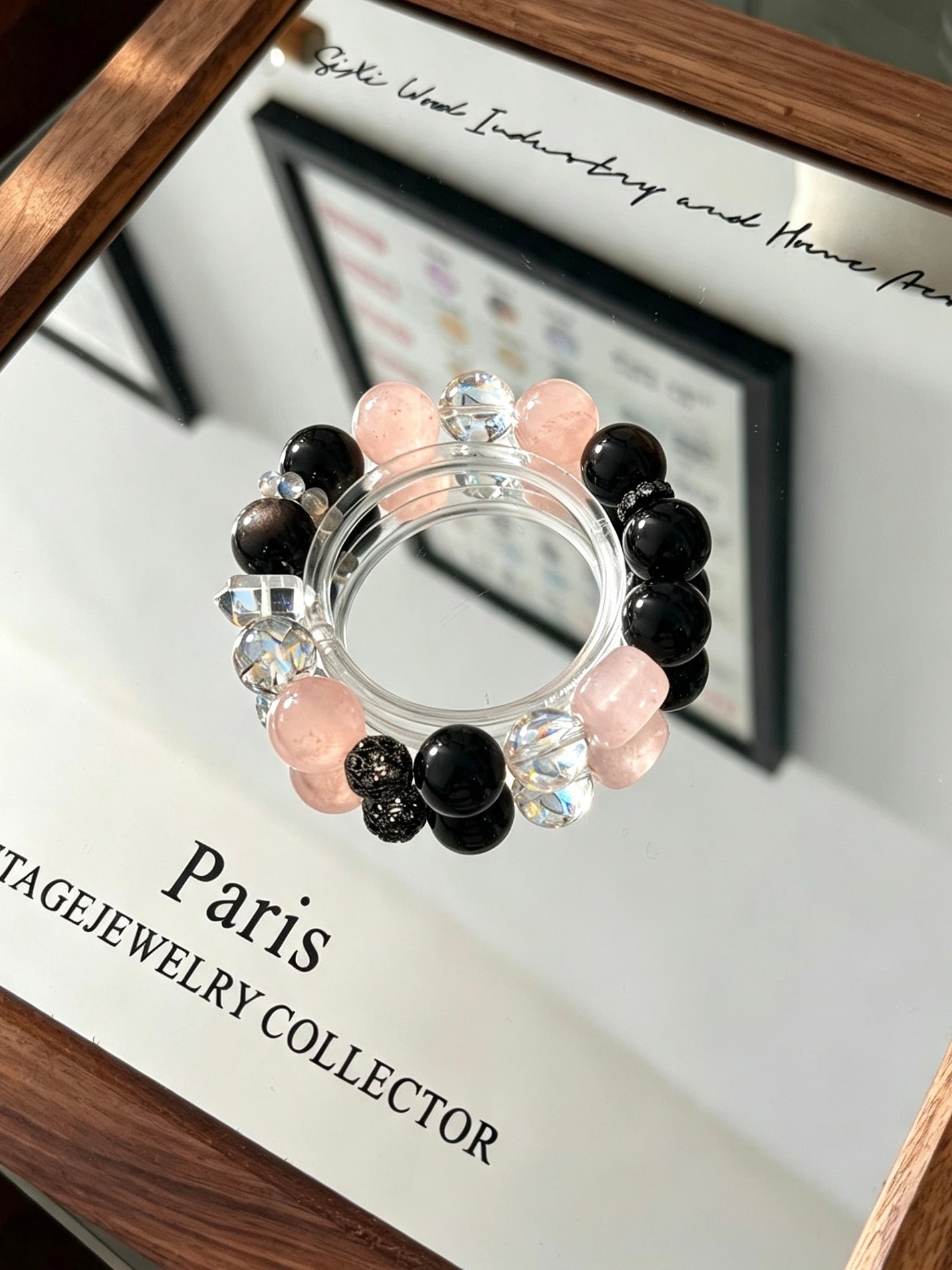 Natural Obsidian, Rose Quartz, Black Rutilated Quartz & Clear Quartz Bracelet 天然黑曜石粉水晶黑发晶白水晶单圈手串