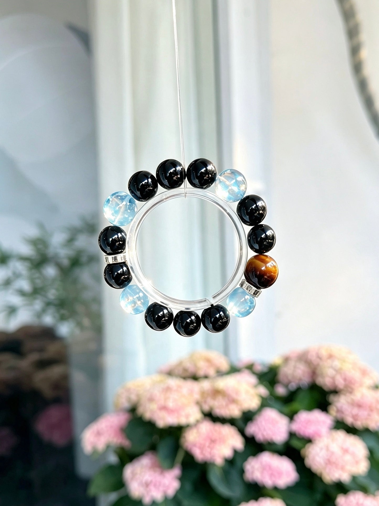 Natural Obsidian, Aquamarine, Tiger’s Eye & Clear Quartz Bracelet 天然黑曜石海蓝宝黄虎眼白水晶手串