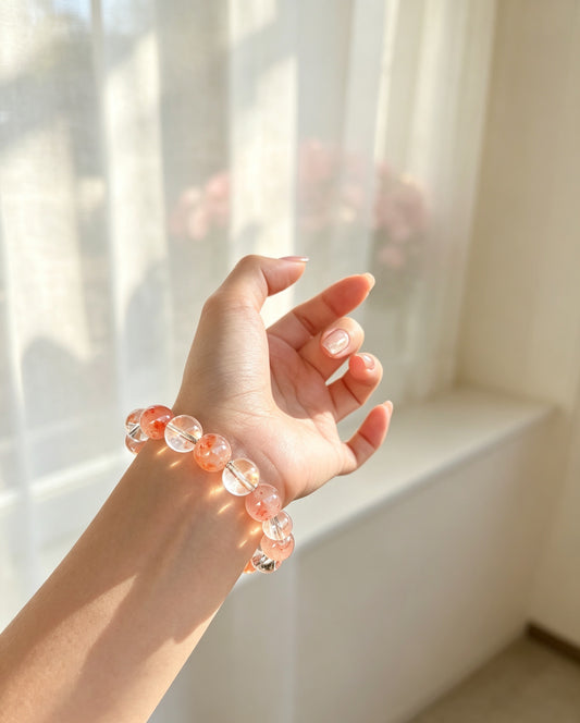 Natural Pink Rabbit Hair Quartz & Clear Quartz Bracelet
