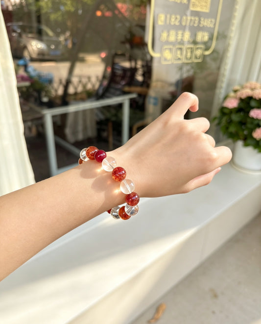 Natural Red Rabbit Hair Quartz & Clear Quartz Bracelet