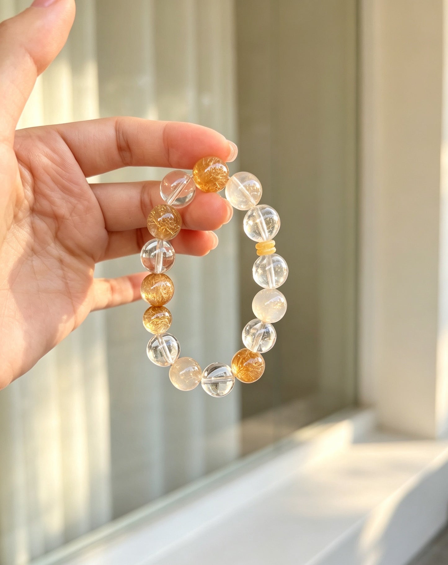 Natural Yellow Rabbit Hair Quartz & Clear Quartz Bracelet 天然黄兔毛白水晶手串