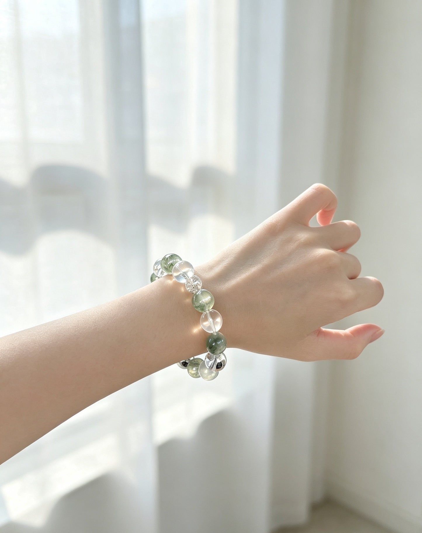 Natural Green Rabbit Hair Quartz & Clear Quartz Bracelet 天然绿兔毛白水晶手串