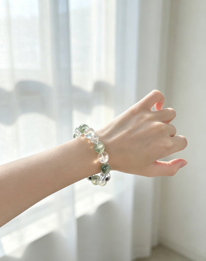 Natural Green Rabbit Hair Quartz & Clear Quartz Bracelet 天然绿兔毛白水晶手串
