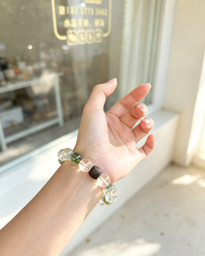 Natural Green Rabbit Hair Quartz & Clear Quartz Bracelet 天然绿兔毛白水晶手串