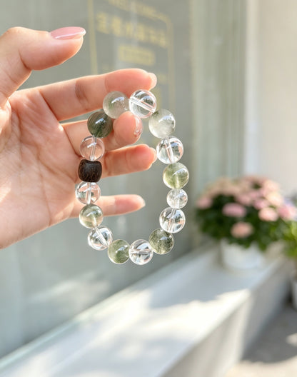 Natural Green Rabbit Hair Quartz & Clear Quartz Bracelet 天然绿兔毛白水晶手串
