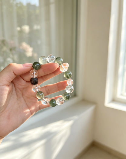 Natural Green Rabbit Hair Quartz & Clear Quartz Bracelet 天然绿兔毛白水晶手串