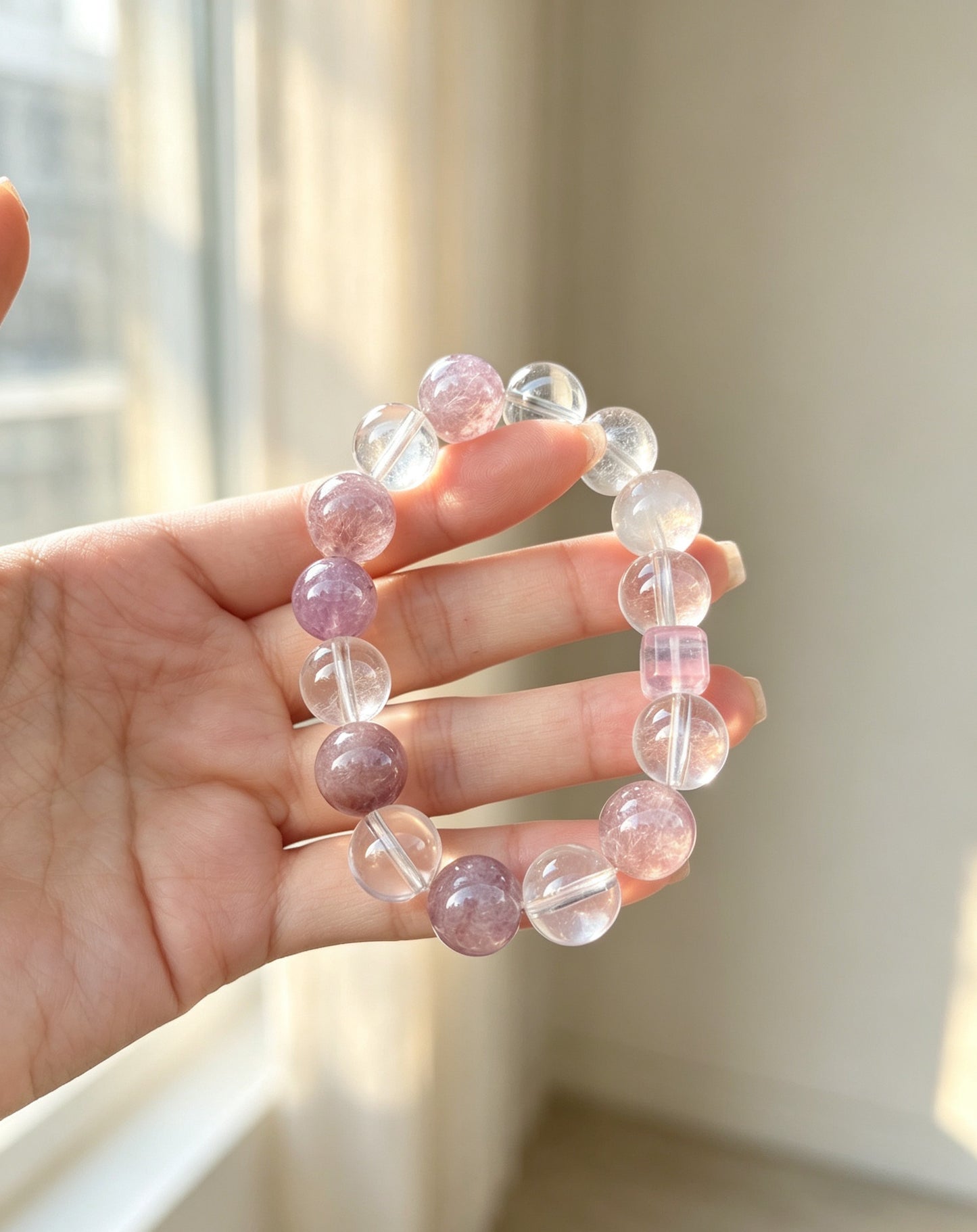 Natural Purple Rabbit Hair Quartz & Clear Quartz Bracelet 天然紫兔毛白水晶手串