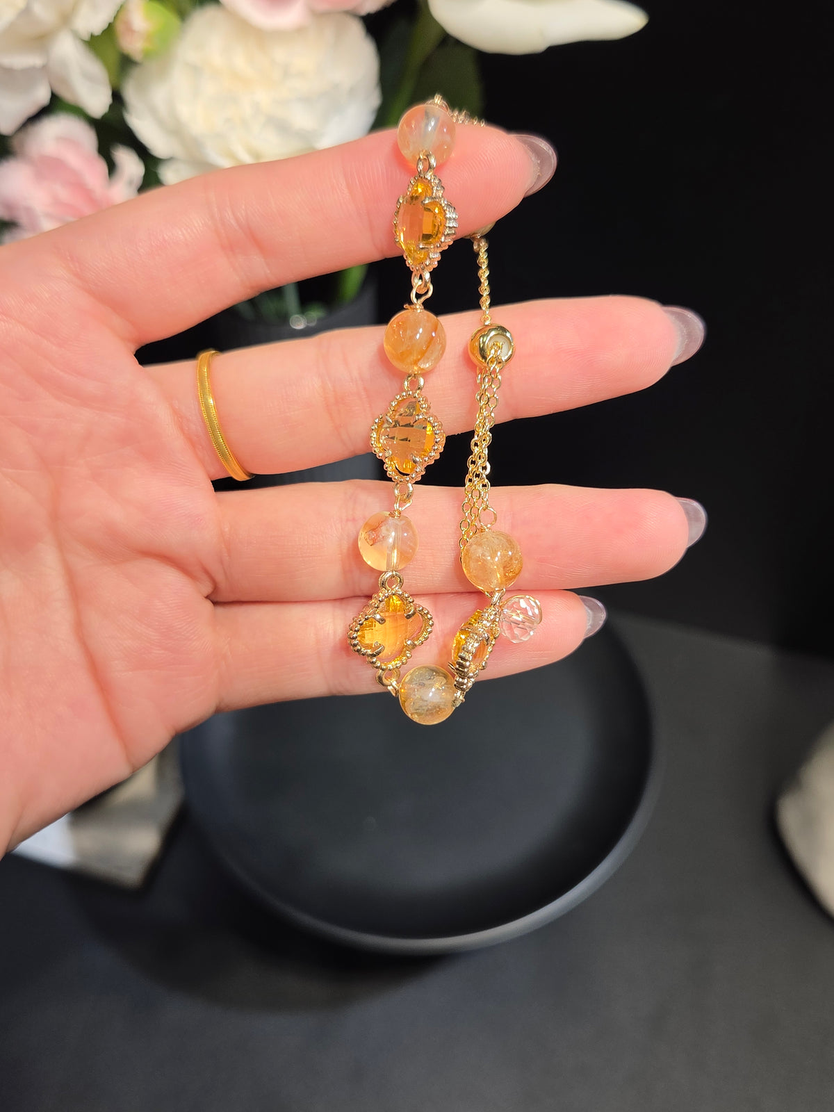 Light Luxury Citrine and Rutilated Quartz Clover Bracelet