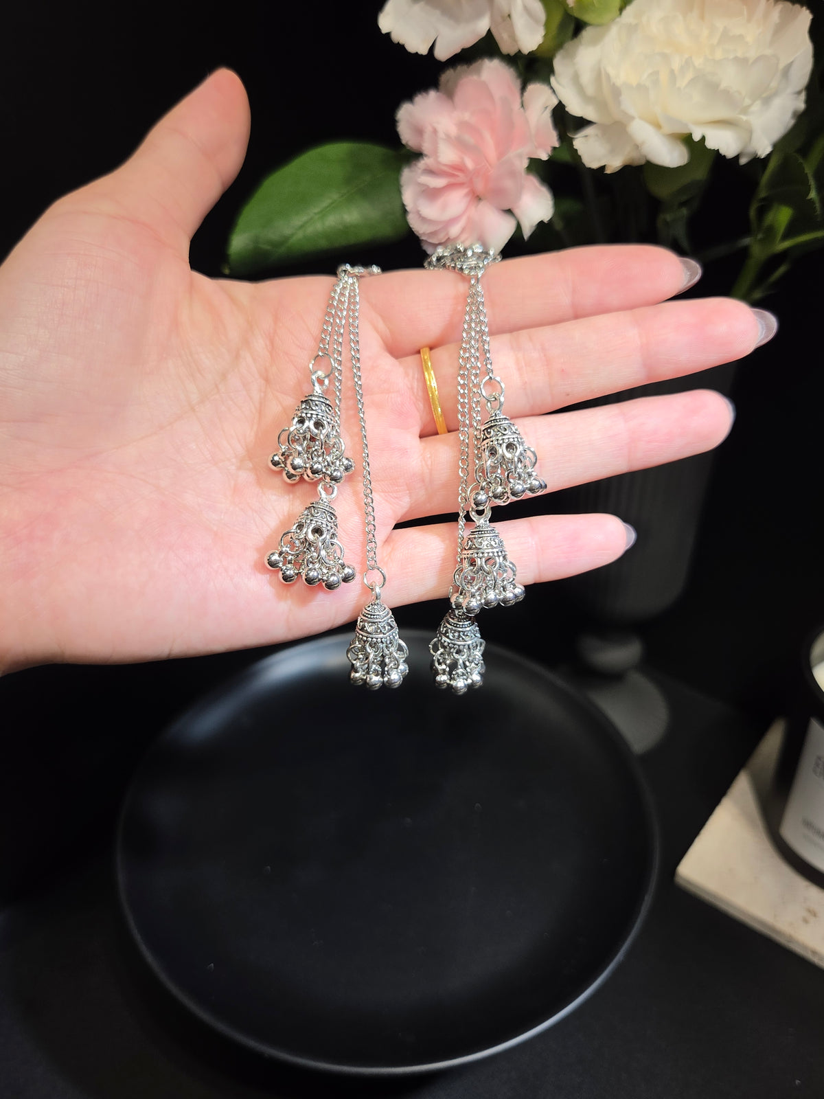 Vintage Silver Jhumka Crystal Earrings