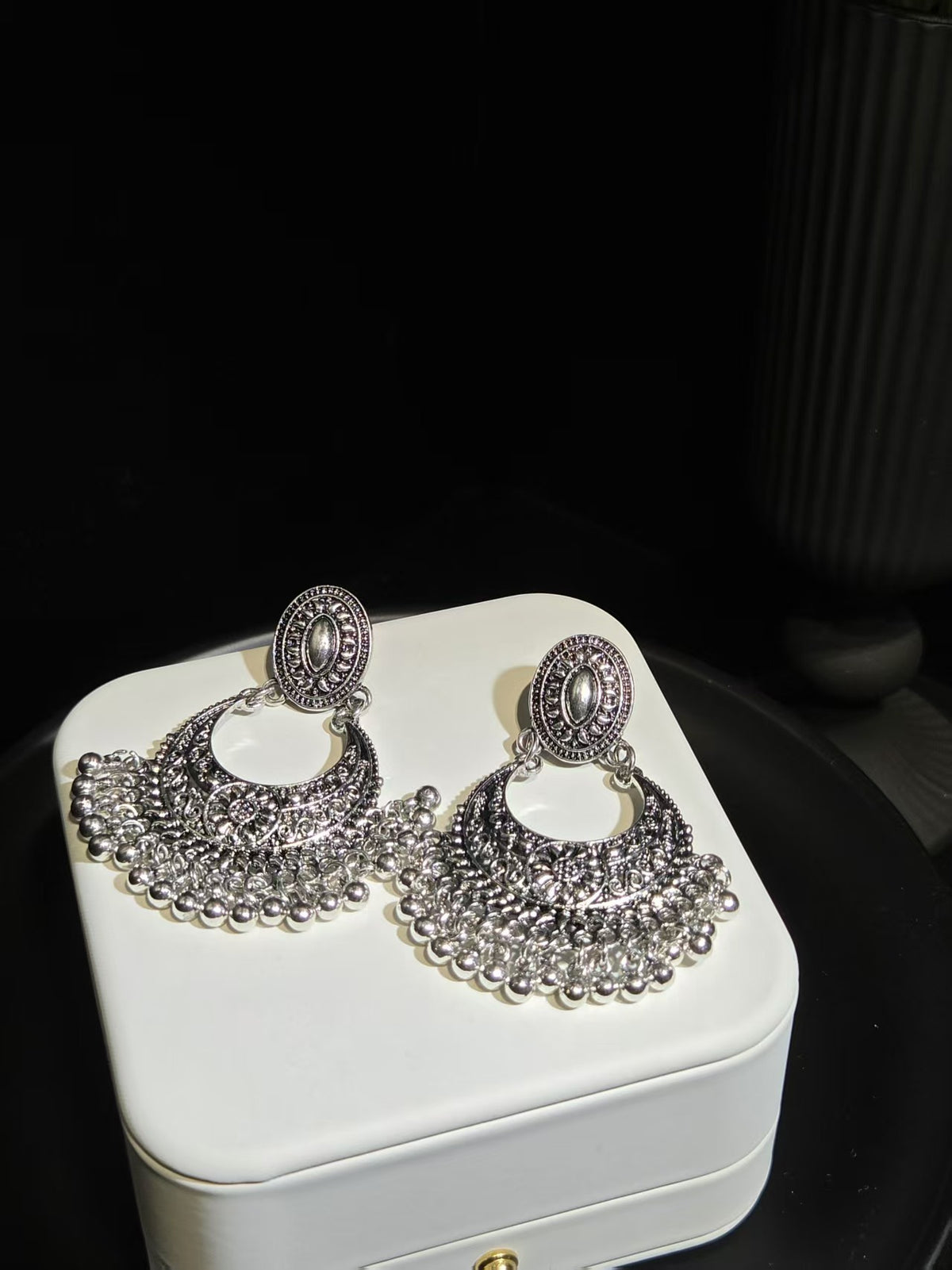 Vintage Silver Crescent Tassel Earrings