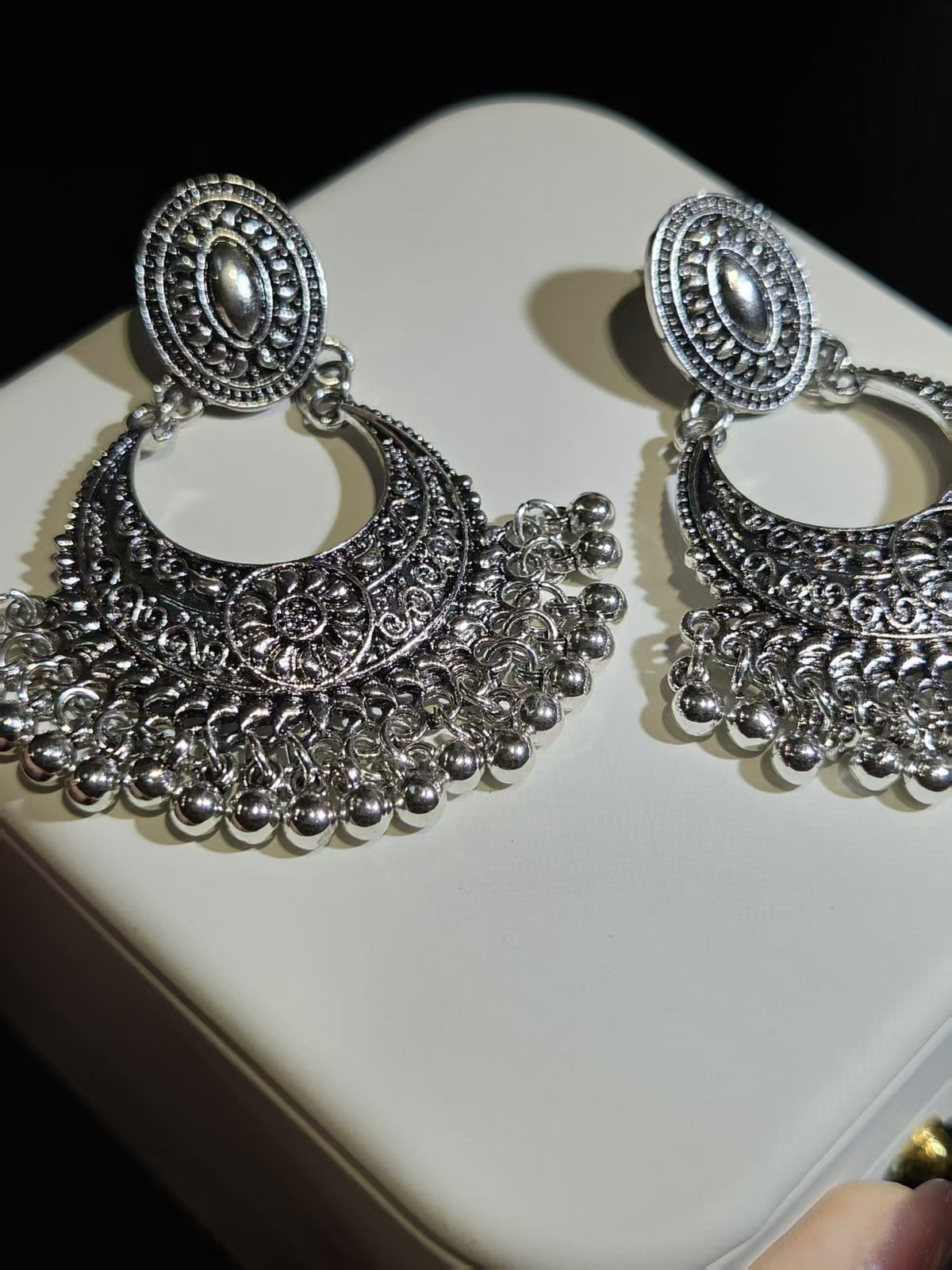 Vintage Silver Crescent Tassel Earrings
