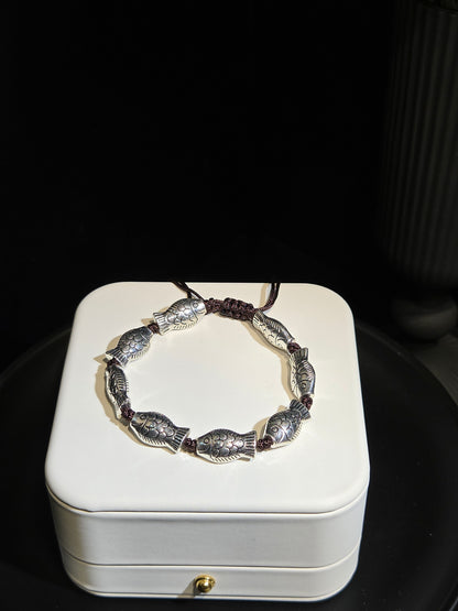 Vintage Silver Fish Motif Woven Bracelet