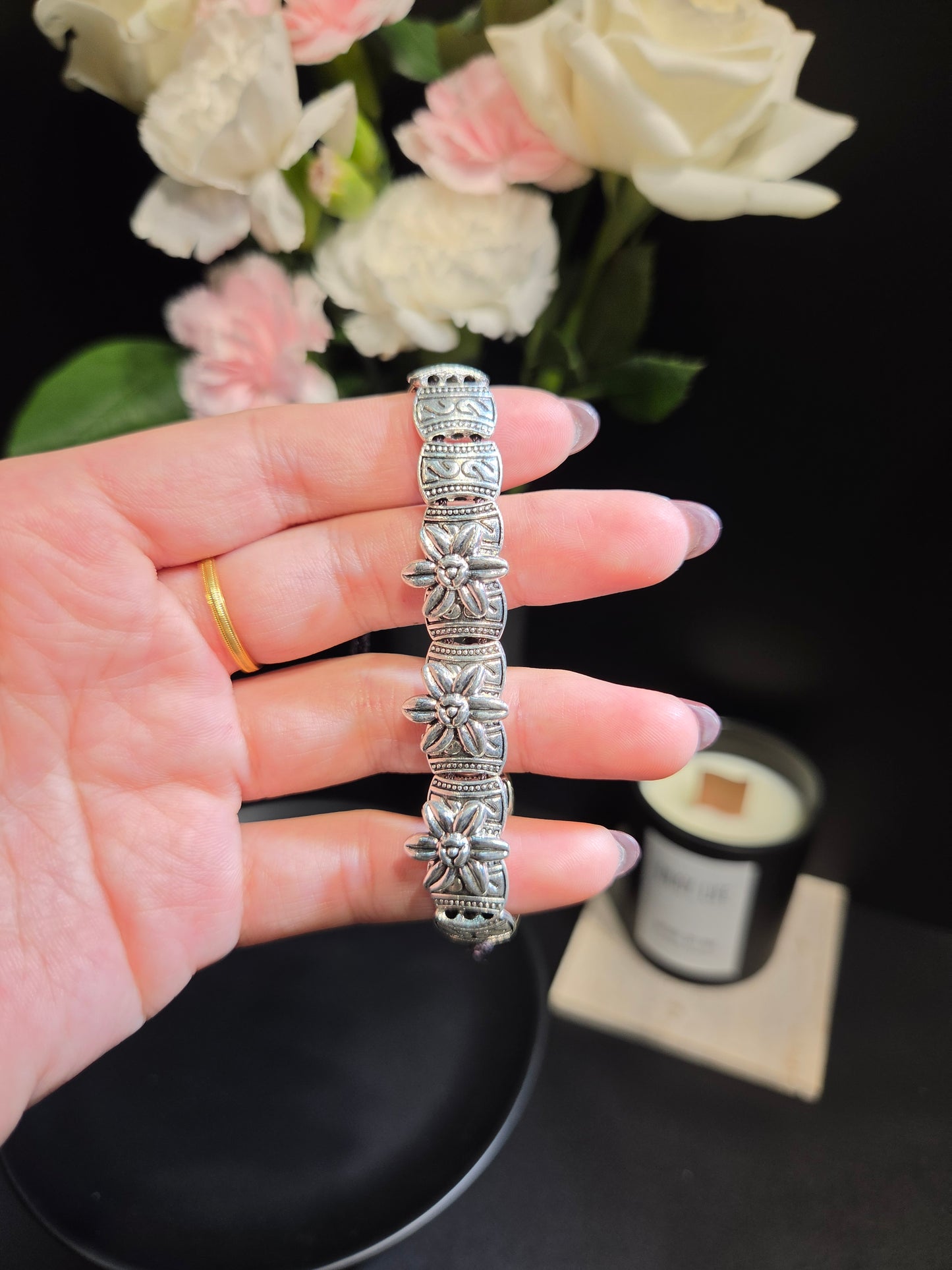 Vintage Silver Floral Embossed Bracelet