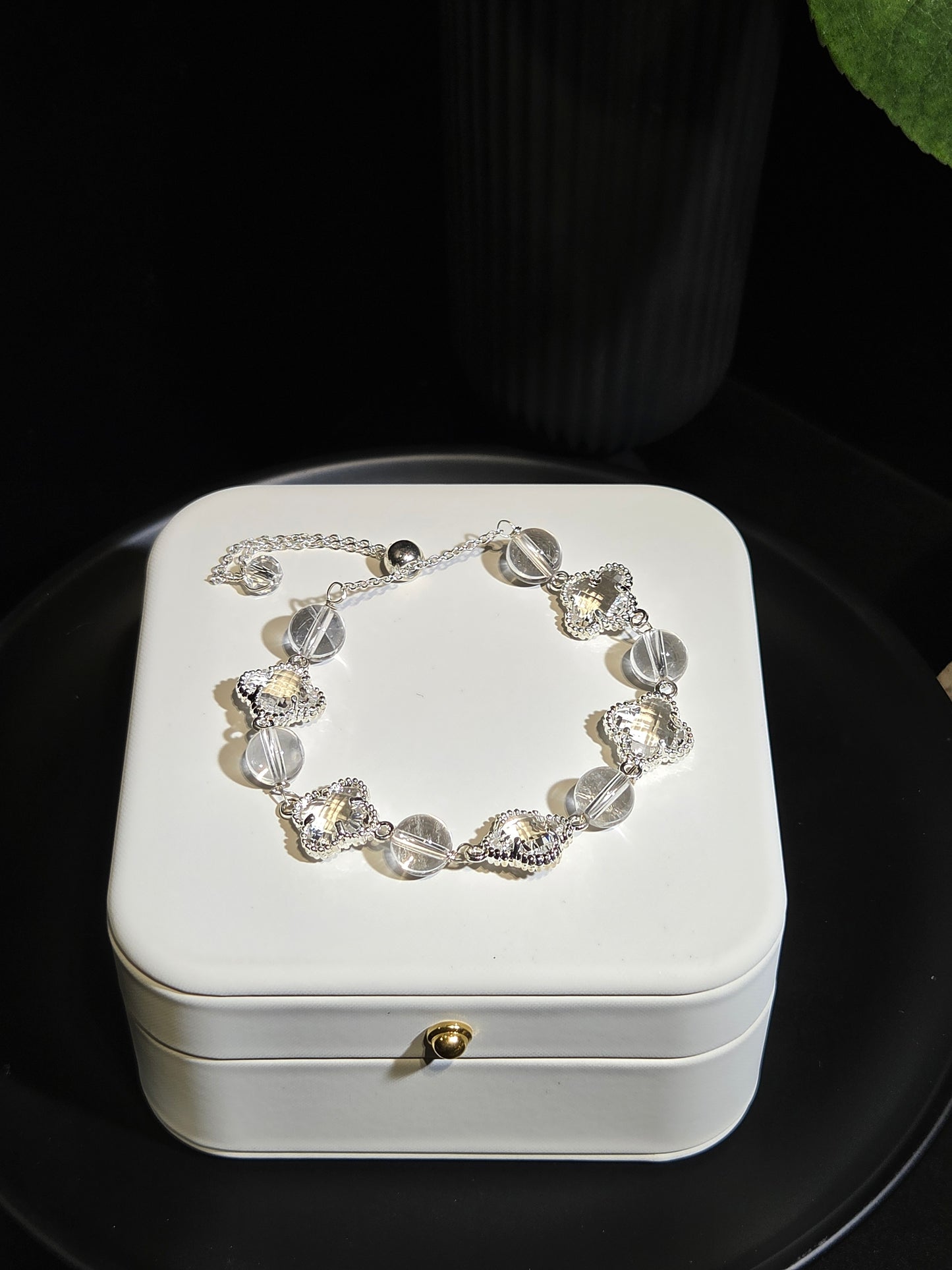 Light Luxury Silver Clover and Clear Bead Bracelet