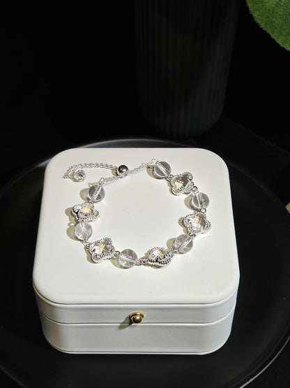Light Luxury Silver Clover and Clear Bead Bracelet
