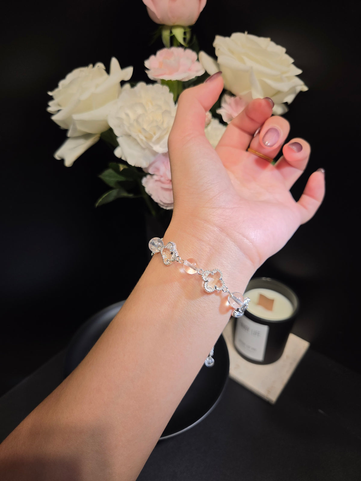 Light Luxury Silver Clover and Clear Bead Bracelet