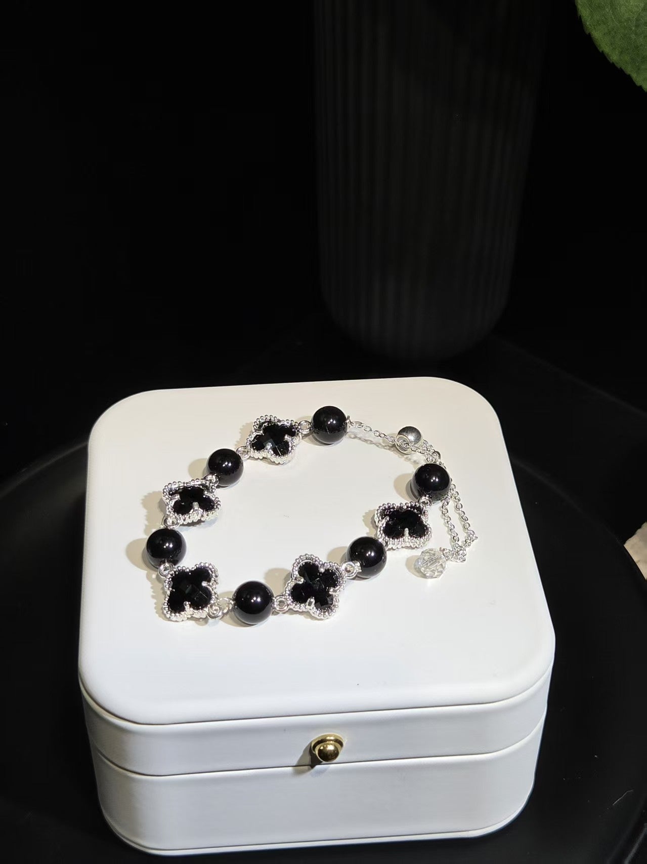 Black Agate Clover Beaded Bracelet in a white jewelry box