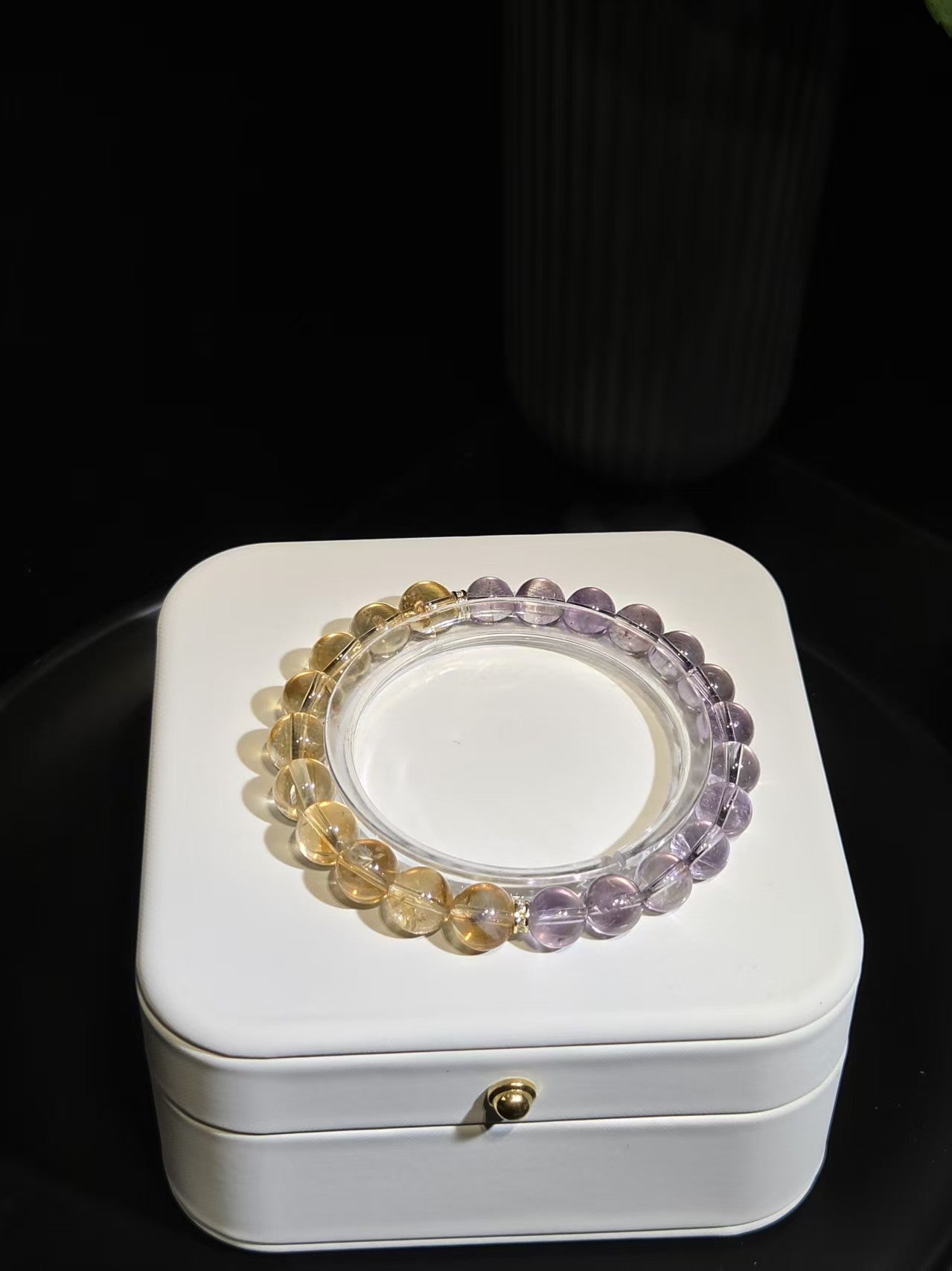 Harmonic Amethyst and Citrine Beaded Bracelet in a white jewelry box