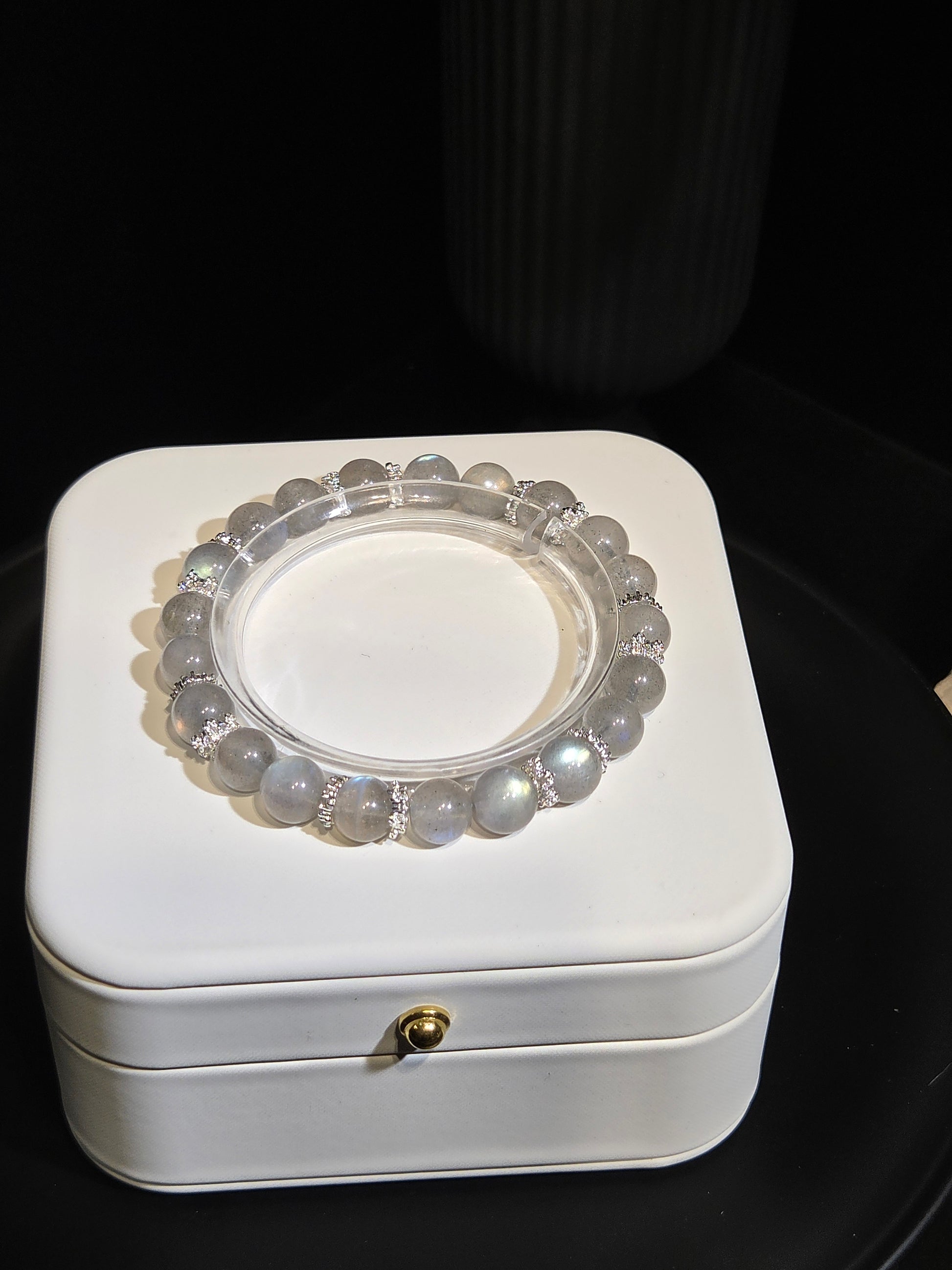 Luminous Labradorite Beaded Bracelet in a white jewelry box
