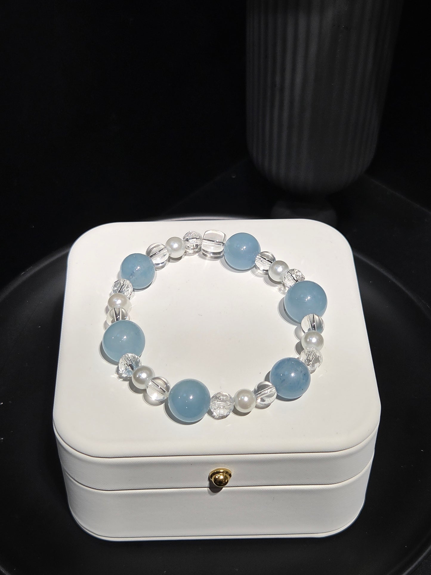 Aquamarine and Pearl Beaded Bracelet in a white jewelry box