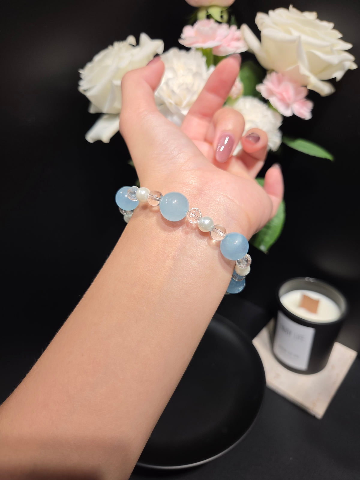 Elegant Aquamarine & Pearl Beaded Bracelet