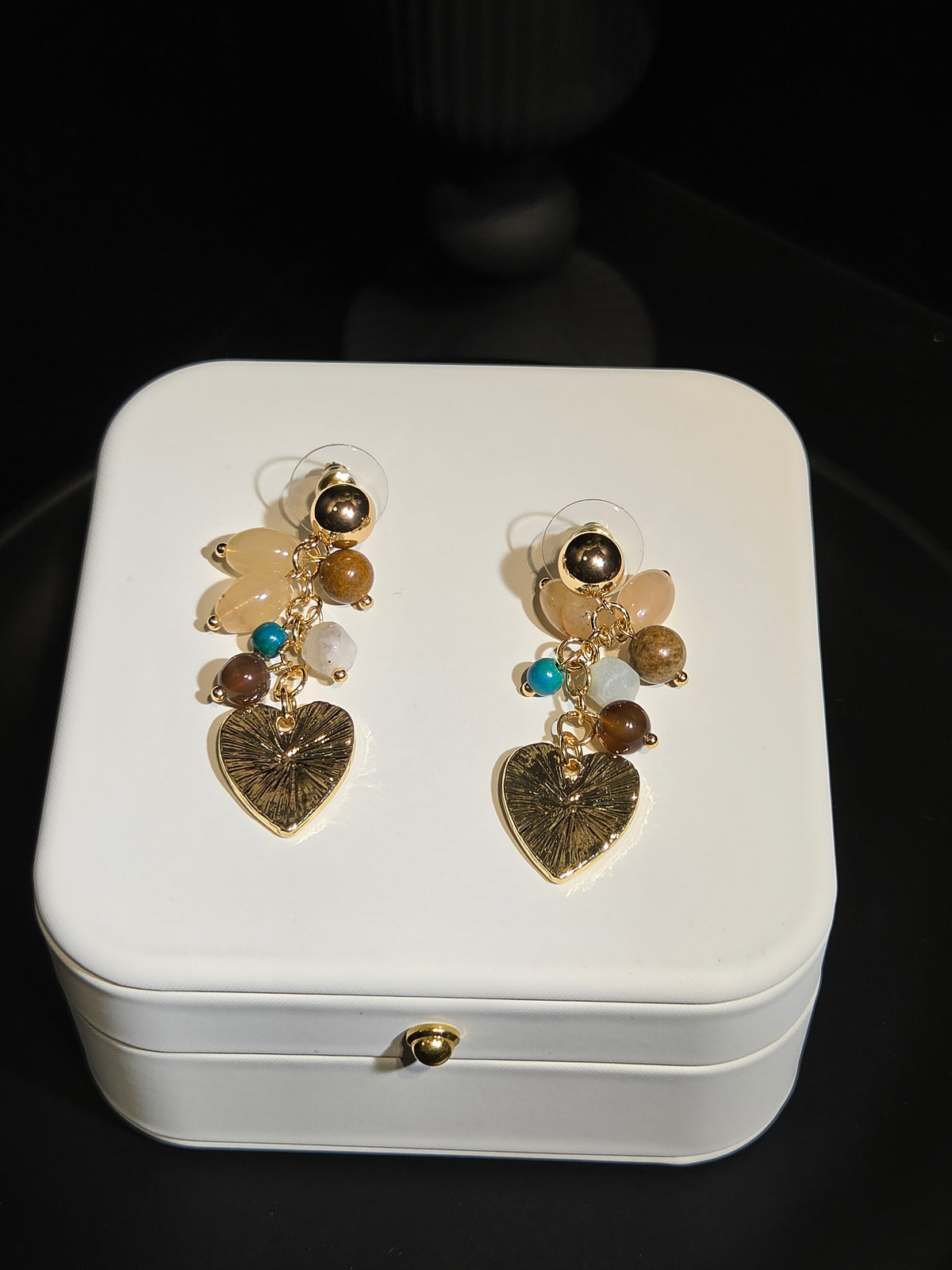 Light Luxury Natural Gemstone Cluster Heart Drop Earrings -A02
