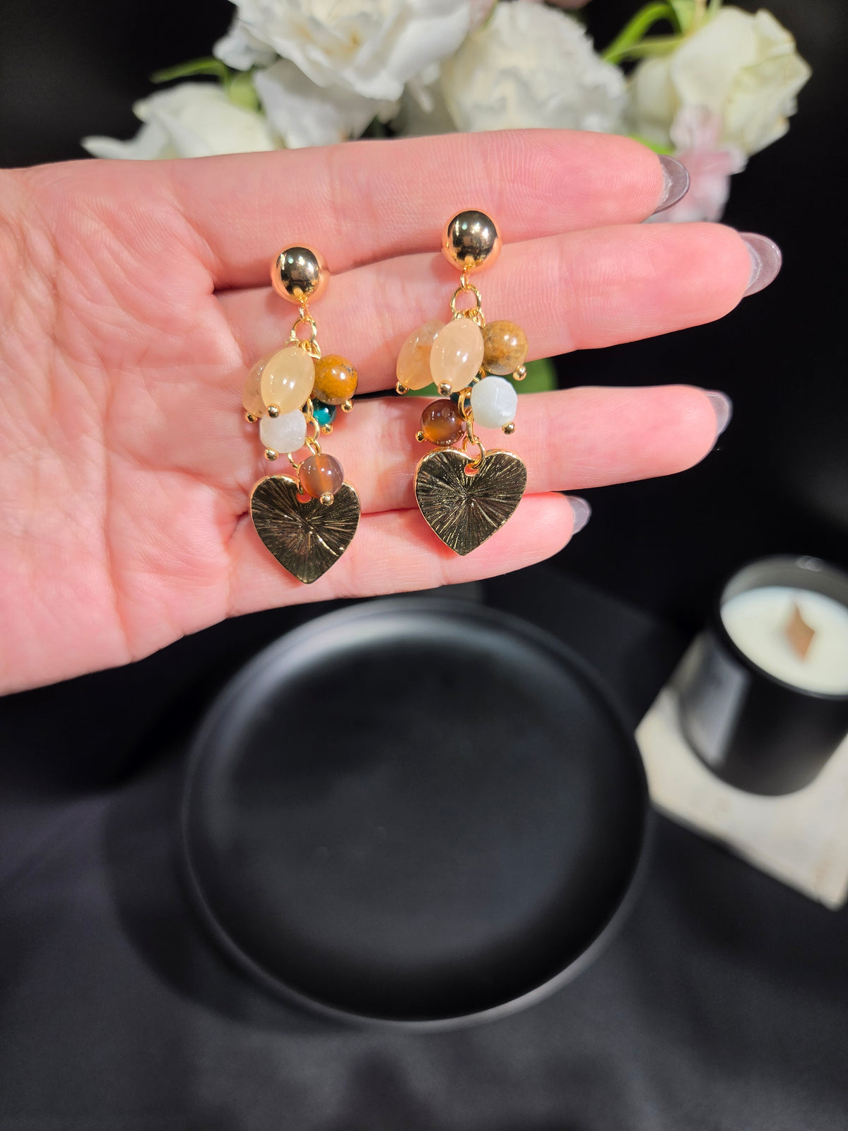 Light Luxury Natural Gemstone Cluster Heart Drop Earrings -A02