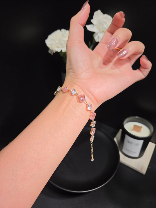 Light Luxury Pink and Clear Emerald-Cut Crystal Bracelet -B04