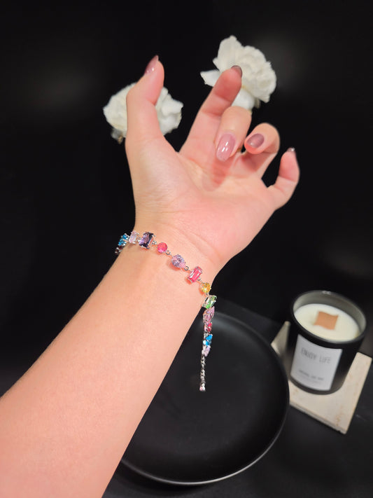 Light Luxury Multi-Cut Colorful Crystal Tennis Bracelet -B08