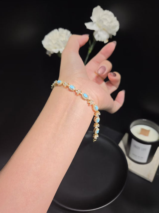 Light Luxury Turquoise Blue Halo Floral Crystal Tennis Bracelet -B12