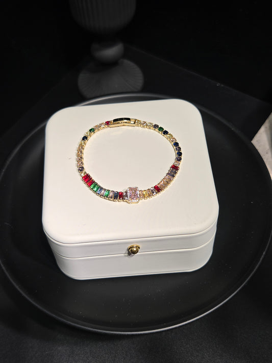 Light luxury rainbow baguette crystal tennis bracelet on display box