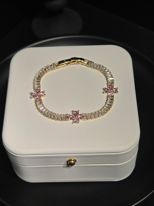 Light luxury pink floral baguette crystal tennis bracelet on display box