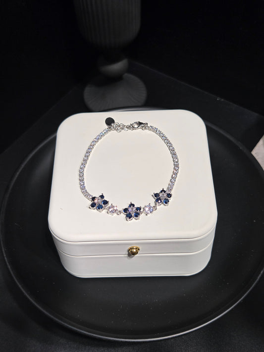 Light luxury sapphire blue floral crystal tennis bracelet on display box