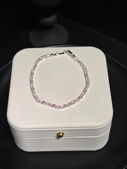 Light luxury pink baguette crystal tennis bracelet on display box