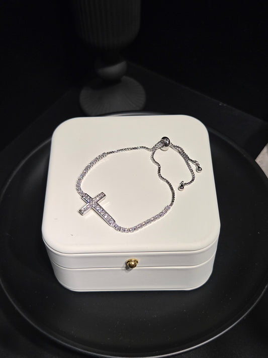 Light luxury pave crystal cross adjustable bolo tennis bracelet on display box