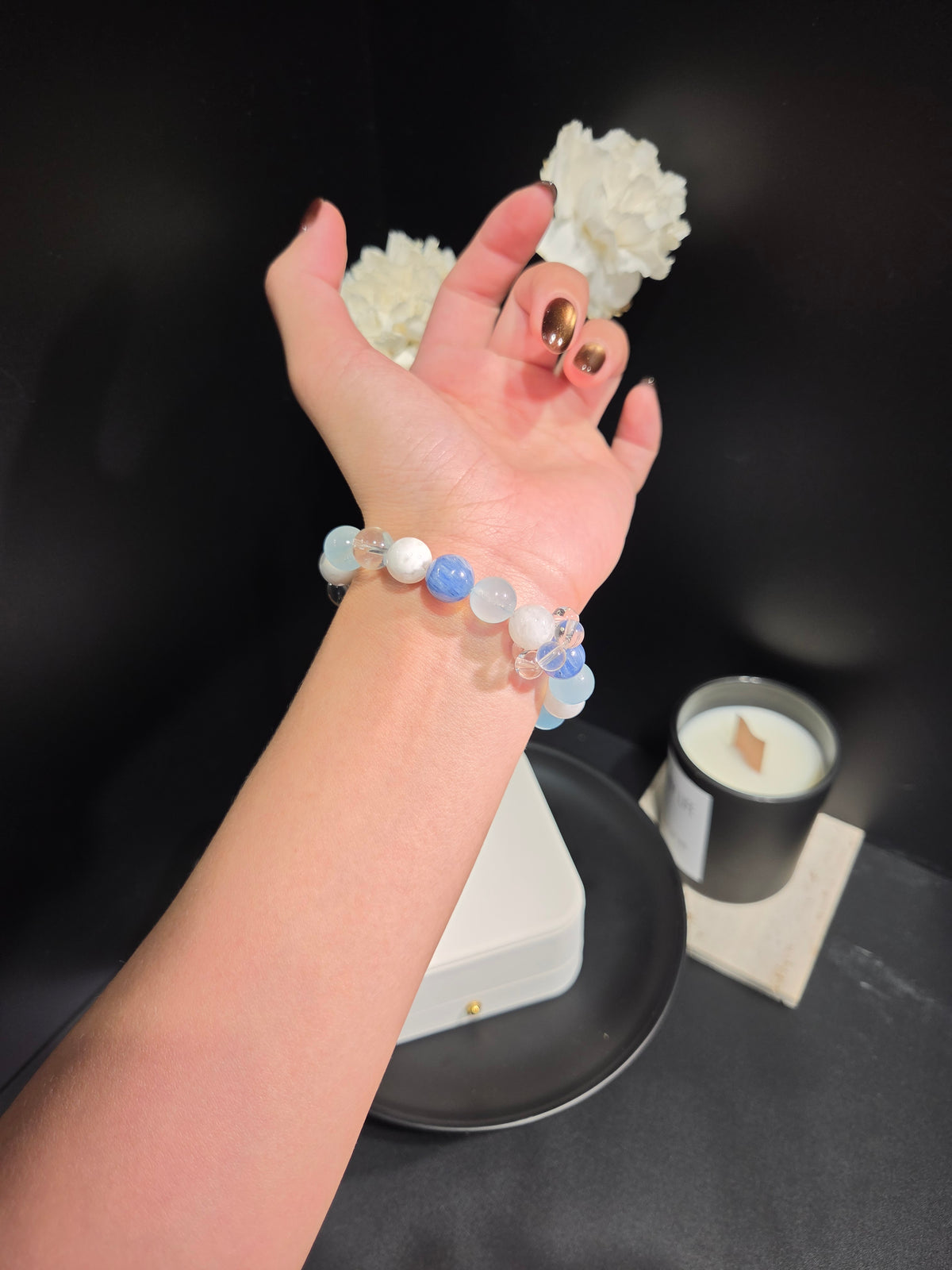Light luxury kyanite and aquamarine beaded crystal bracelet on wrist