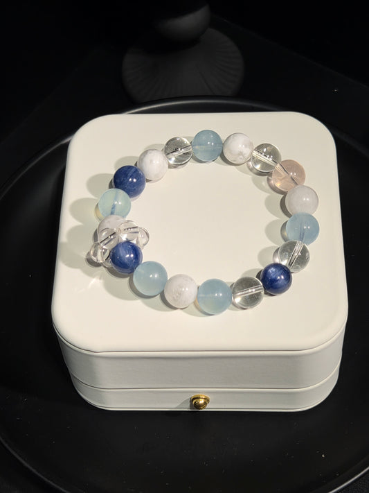 Light luxury kyanite and aquamarine beaded crystal bracelet on display stand
