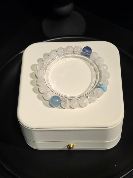 Light luxury white moonstone and aquamarine beaded crystal bracelet on display stand