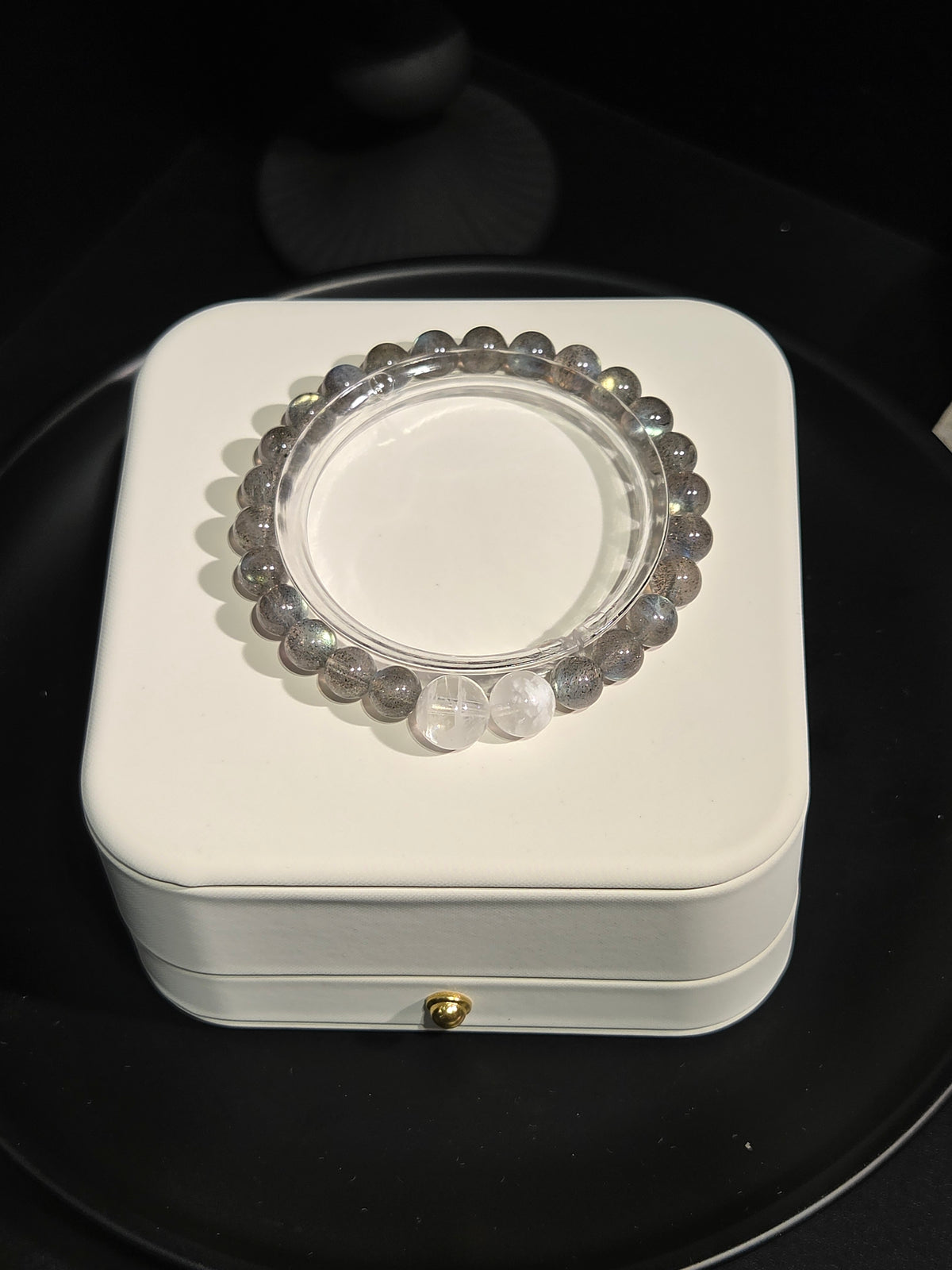 Light luxury labradorite and white moonstone beaded crystal bracelet on display stand