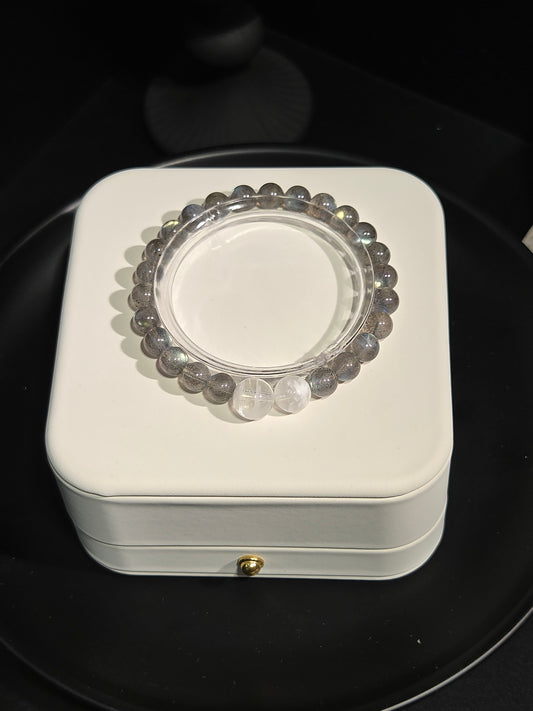 Light luxury labradorite and white moonstone beaded crystal bracelet on display stand