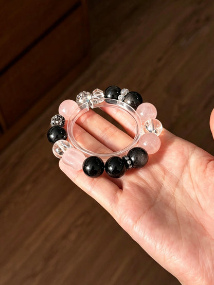 Natural Obsidian, Rose Quartz, Black Rutilated Quartz & Clear Quartz Bracelet 天然黑曜石粉水晶黑发晶白水晶单圈手串
