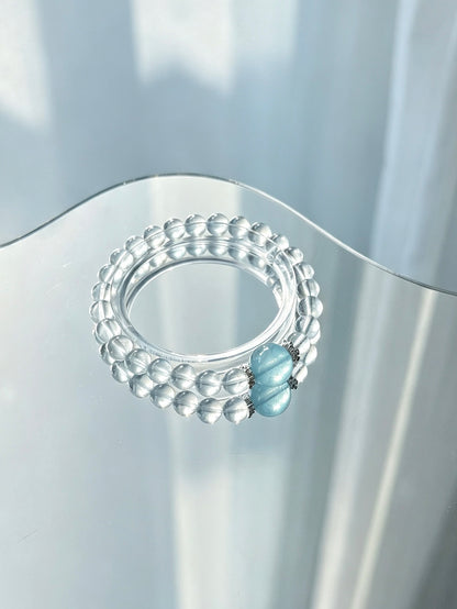 Natural Clear Quartz Bracelet With Aquamarine Accent | 天然白水晶海蓝宝点缀圆珠手链