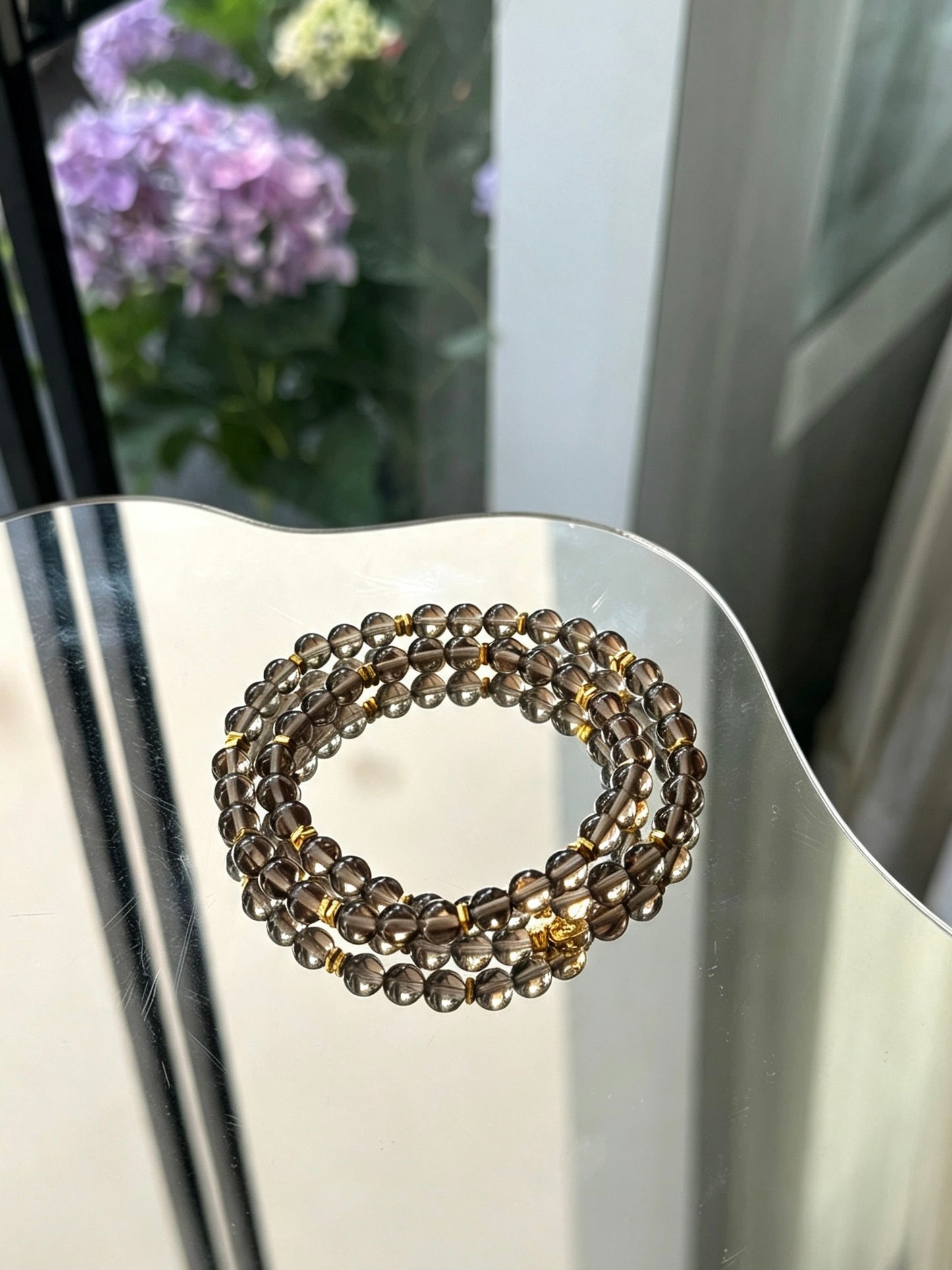 Natural Smoky Quartz Round Bead Double-Loop Bracelet天然茶水晶圆珠双圈手链